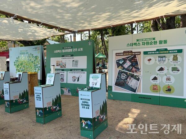 행사장 한편에 스타벅스 업사이클링 굿즈가 전시돼 있다. /포인트경제