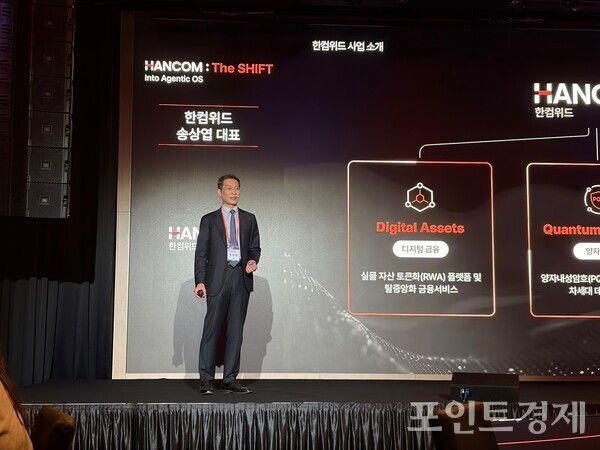 송상엽&nbsp;한컴위드 대표가&nbsp;19일 열린 전략 발표회 'HANCOM : THE SHIFT'에서 발표를 진행하고 있다. (포인트경제)