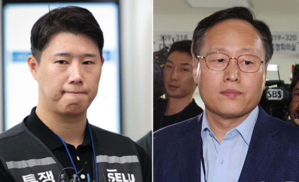 삼성그룹 초기업노동조합 삼성전자지부 최승호 위원장(왼쪽)과 삼성전자 사측 대표교섭위원인 여명구 DS(디바이스솔루션·반도체 사업 담당) 피플팀장(오른쪽) /사진=뉴시스