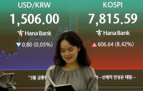 21일 오후 서울 중구 하나은행 딜링룸 전광판 /사진=뉴시스
