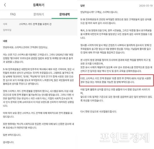 제보자의 스타벅스 카드 환불요청 관련 고객의 소리 문의내역. /@포인트경제