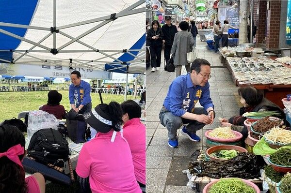 오는 6.3 지방선거에서 부산 남구청장 재선에 도전하는 더불어민주당 박재범 후보가 지역구의 행사장과 재래시장에서 시민들과 인사를 나누고 있다. /박재범 후보 페북