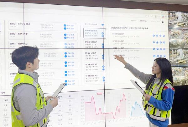 CJ대한통운 동탄물류센터에서 운영 중인 '로이스 온도(LoIS OnDo)' 관제 화면을 직원들이 바라보면서 물류센터 내부 온도, 습도를 체크하고 있다. /CJ대한통운 제공