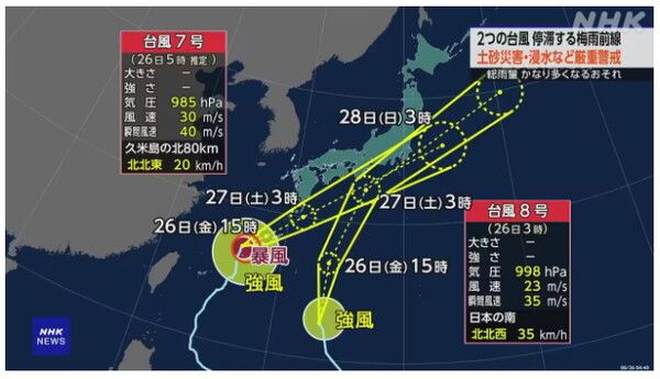 태풍 7호와 8호가 일본 열도를 향해 접근하고 있다/NHK 뉴스 화면 갈무리(포인트경제)