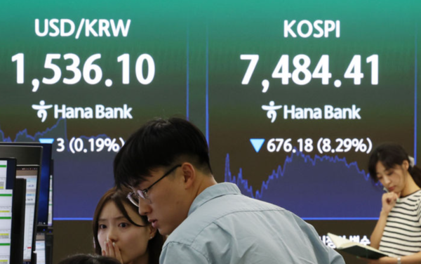 코스피가 전 거래일(8160.59)보다 676.18포인트(8.29%) 내린 7484.41에 마감한 지난 8일 오후 서울 중구 하나은행 딜링룸 전광판에 종가가 표시되어 있다. /사진=뉴시스