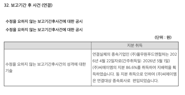 전자공시시스템 풀무원 분기보고서 갈무리