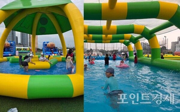 2025년 노량 물총대첩이 열린 노량진 축구장의 물놀이 시설에서 어린이들이 즐기고 있는 모습&nbsp;