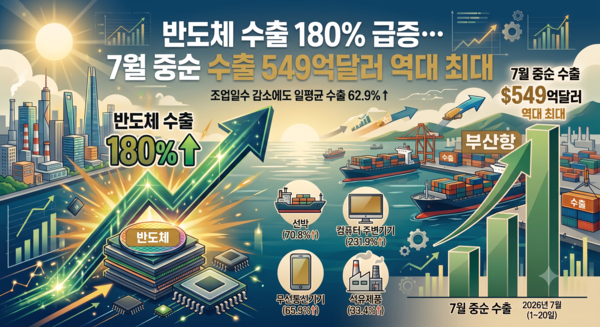 반도체 수출 180% 급증… 7월 중순 수출 549억달러 역대 최대 /AI이미지