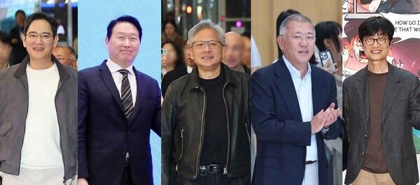 (왼쪽부터) 이재용 삼성전자 회장, 최태원 SK 회장, 젠슨 황 엔비디아 최고경영자(CEO), 정의선 현대차그룹 회장, 이해진 네이버 의장 /뉴시스&nbsp;ⓒ포인트경제CG