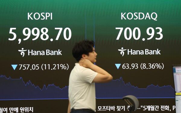 장중 코스피 6000선이 붕괴된 28일 오후 서울 중구 하나은행 딜링룸에 코스피 지수 /뉴시스