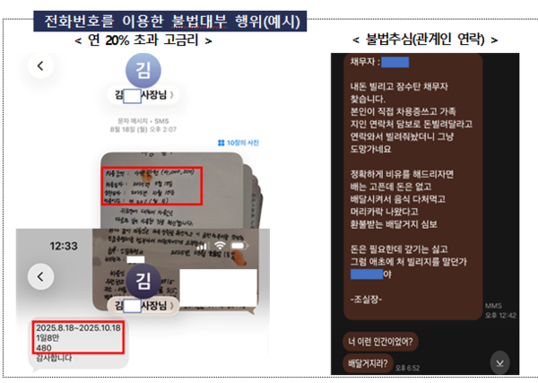 전화번호를 이용한 불법대부 행위(예시) /금융감독원