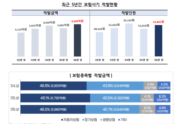 최근 5년간 보험사기 적발현황과 보험종목별 적발금액 /금융감독원