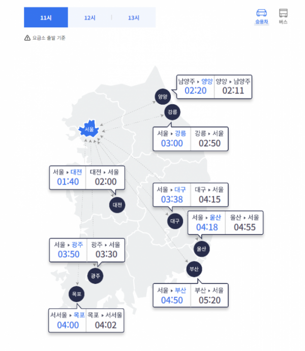 2일 오전 11시 기준 고속도로 교통상황. 사진=한국도로공사