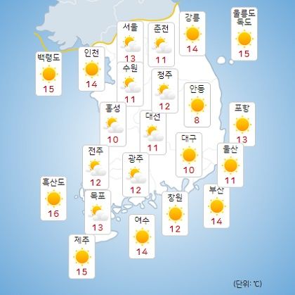 '독도의 날'이자 수요일인 오늘(25일) 날씨는 전국에 가끔 구름이 많고 대체로 맑은 날씨를 보일 전망이다. /사진=기상청 날씨누리
