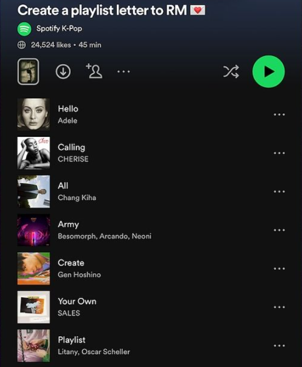 방탄소년단 RM에게 보내는 스포티파이 플레이리스트 편지. 사진=스포티파이