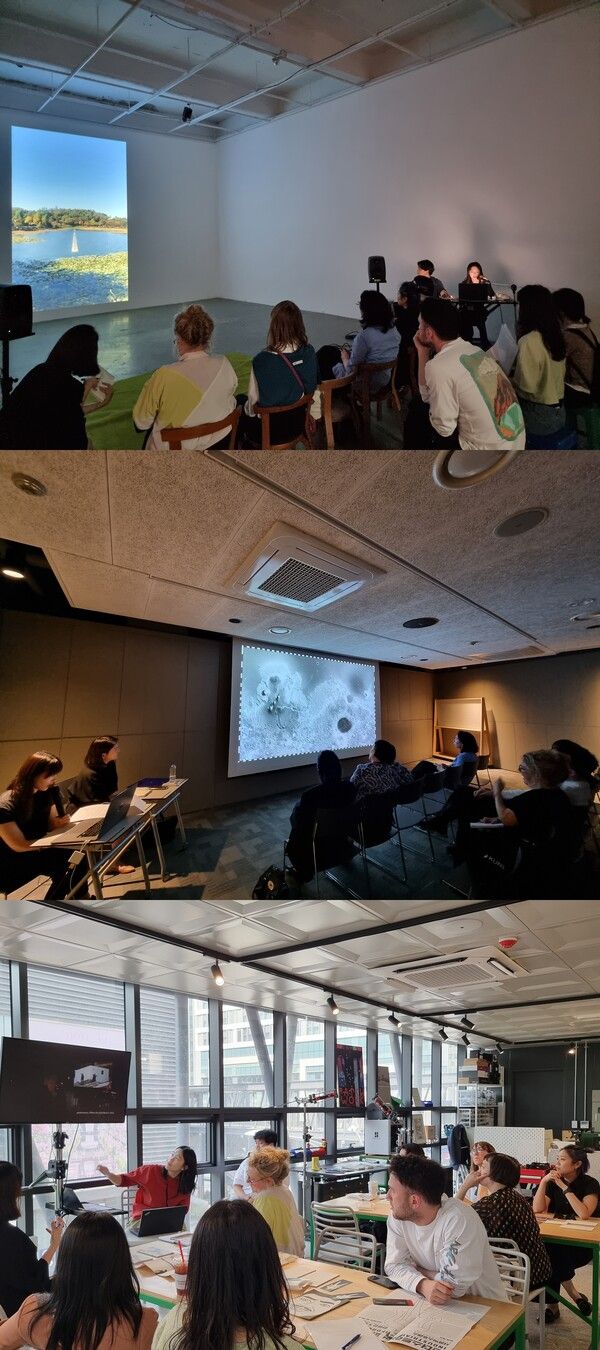 위부터 방앤리, 박민하, 서울익스프레스가 '2024 Dive Into Korean Art: Media Ground'에 참석한 해외 미술계 주요 인사들에게 작품 소개와 제작 배경을 설명하고 있다. 사진=예술경영지원센터