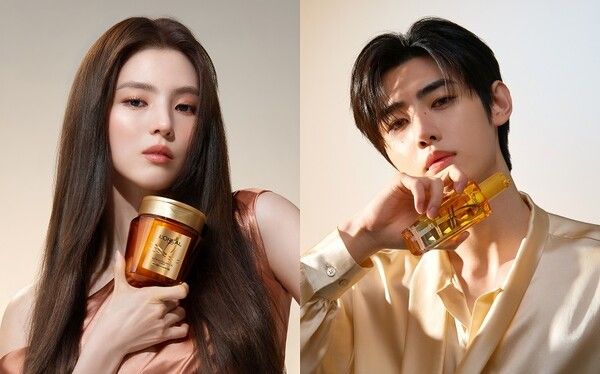 로레알파리 ‘실크 듀오’. (왼)한소희, 로레알파리 ‘엑스트라오디네리 오일 실크 마스크 팩’, (오)엔하이픈 성훈, 로레알파리 ‘엑스트라오디네리 오일 에어리 실크’. 사진=로레알파리