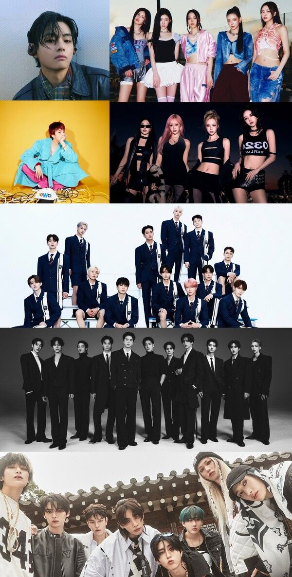 사진=빅히트 뮤직(방탄소년단 뷔), SM엔터테인먼트(에스파), 플레디스 엔터테인먼트(세븐틴), JYP엔터테인먼트(스트레이 키즈‧ITZY), 원헌드레드(더보이즈), 갤럭시코퍼레이션(지드래곤)