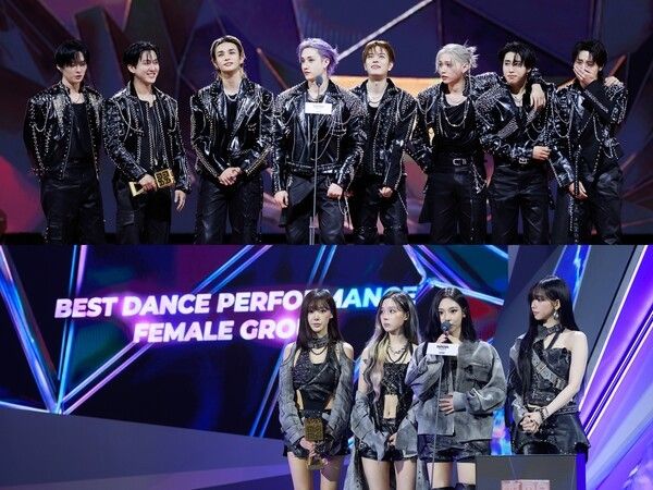 지난 28~29일 양일간 홍콩 카이탁 스타디움(Kai Tak Sports Park)에서는 CJ ENM이 주관하는 '2025 MAMA AWARDS(2025 마마 어워즈)'가 펼쳐졌다. 스트레이 키즈, 에스파의 수상장면. 사진=CJ ENM 제공