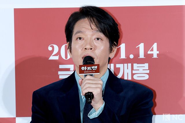 배우 박지환이 11일 오전 서울 광진구 롯데시네마 건대입구에서 진행된 영화 ‘하트맨’(감독 최원섭) 제작보고회에서 소감을 말하고 있다. 사진=김규빈 기자