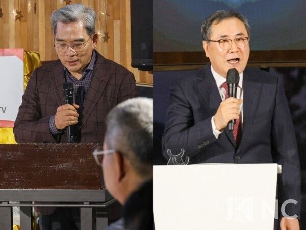 17일 경기 안산시 단원구 대부도동 방주교회에서는 극동방송과 더헤븐리조트가 공동 주최한 '2025 성탄 기념예배'가 열렸다. (왼쪽부터) 강창우(극동방송 사목), 이희우(신기중앙교회) 목사가 단상에서 말하고 있다.