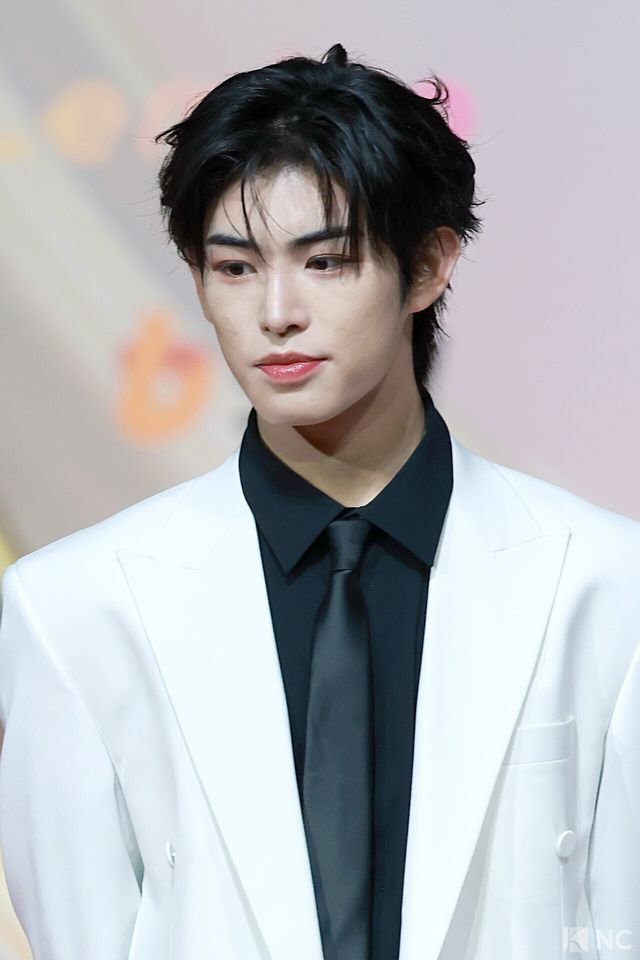 그룹 킥플립(KickFlip) 민제가 25일 인천시 중구 운서동 인스파이어 아레나에서 진행된 ‘2025 SBS&nbsp;가요대전’ 공연에 앞서 레드카펫을 밟고 있다. 사진=김규빈 기자