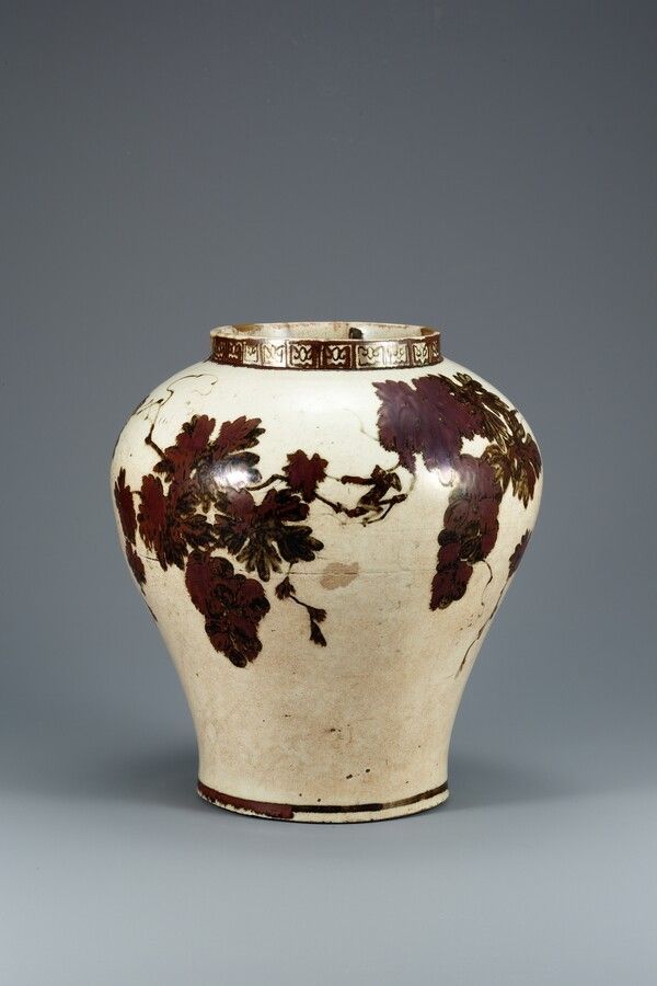 White Porcelain Jar with Iron-Brown Grape and Monkey Design. Photo by National Museum of Korea.