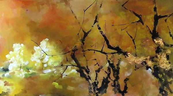 흔적의 기억, 금 캔버스 장지에 채색 먹, 130×72cm, 2024