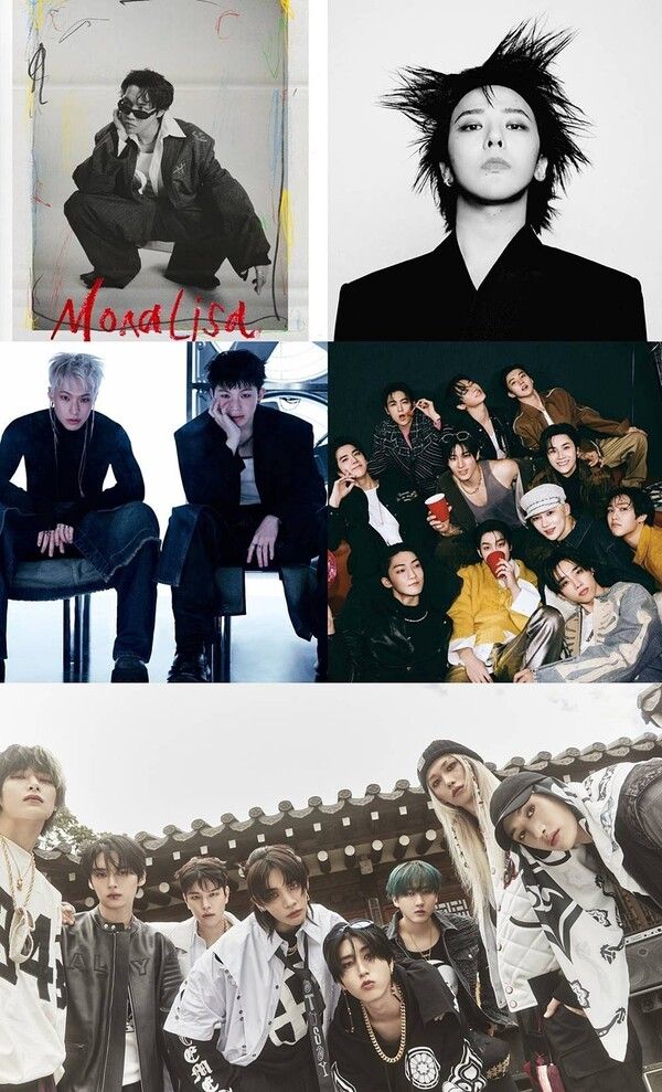 사진=빅히트 뮤직(제이홉), 갤럭시코퍼레이션(지드래곤), 플레디스 엔터테인먼트(호시X우지), 원헌드레드(더보이즈), JYP엔터테인먼트(스트레이 키즈)