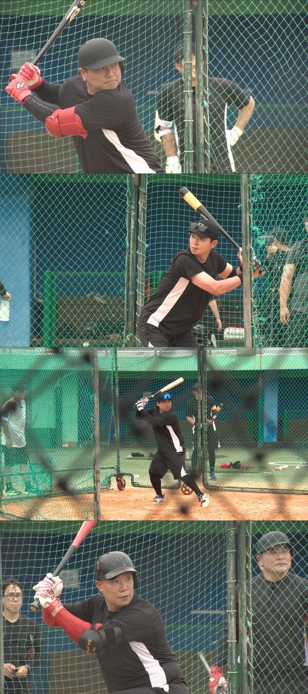타격 훈련에 나선 김태균, 이대형, 허도환, 나지완 선수. 사진=최강야구
