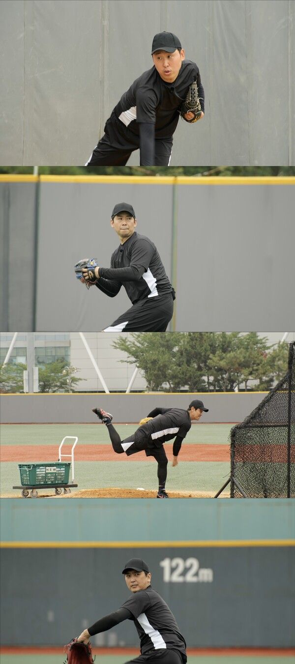 피칭 훈련에 나선 윤석민, 윤희상, 윤길현, 심수창 선수. 사진=최강야구