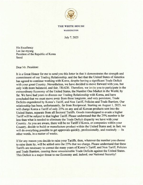 7일 트럼프 대통령이 자신의 SNS에 한국으로 보낸 상호관세 서한을 공개했다. 사진=트럼프 트루스소셜