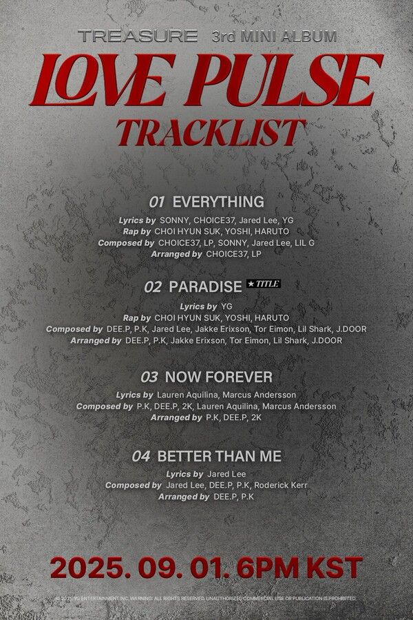 트레저 'LOVE PULSE' 트랙리스트. 사진=YG엔터테인먼트
