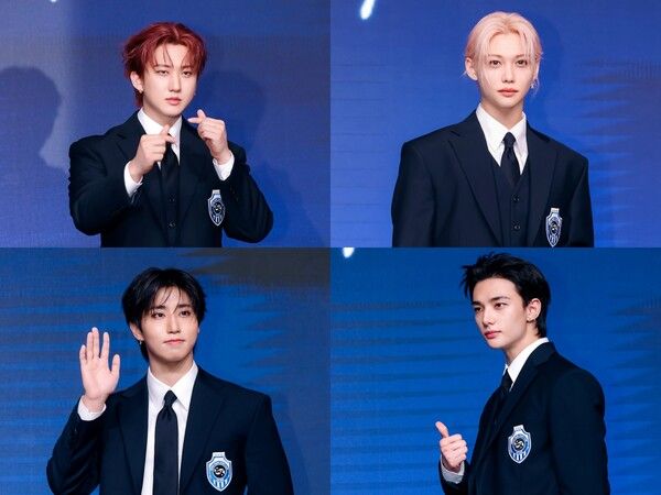 22일 서울 여의도 콘래드호텔 그랜드볼룸에서는 스트레이 키즈 정규4집 'KARMA' 발매기념 기자간담회가 열렸다.&nbsp;(왼쪽 위부터) 창빈, 필릭스, 한, 현진의 모습. 사진=JYP엔터테인먼트