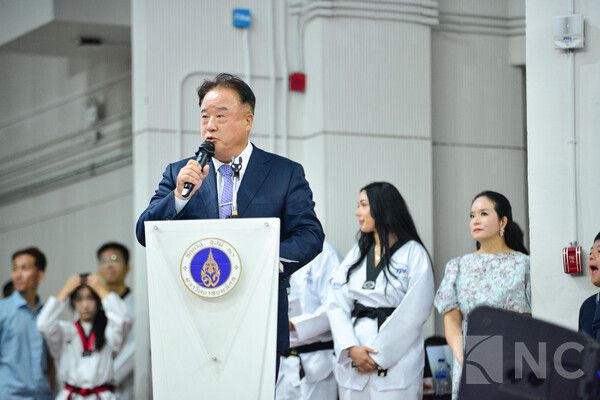 김싱진 아시아태권도연맹회장이 태국 현지 대회장에서 환영사를 하고있다/ 사진= 뉴스컬처 DB.