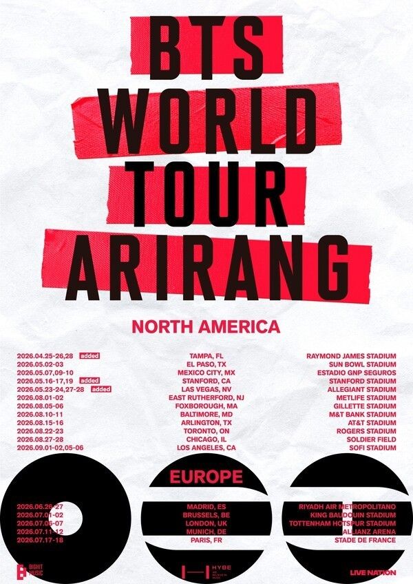 BTS ARIRANG North America and Europe tour schedule. Photo by BigHit Music.