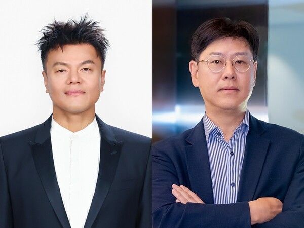 Park Jin-young, CCO, and Jung Wook, CEO, with JYP Entertainment executives. Photo by JYP Entertainment.