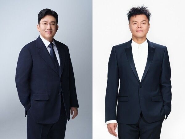 Bang Si-hyuk, Chairman of HYBE, and Park Jin-young, Chief Creative Officer of JYP Entertainment. Photo by HYBE, JYP Entertainment.