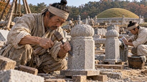 A stonemason carves zodiac characters into a railing support during the construction of Hyojong's new tomb in Yeoju in 1673. AI-generated image.