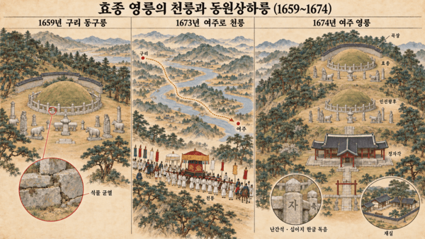From left: Hyojong's original tomb at Donggureung in 1659; the procession transferring his remains to Yeoju in 1673; and the present-day arrangement of Hyojong's and Queen Inseon's tombs. The queen's burial in 1674 completed the hillside layout. AI-generated illustration.