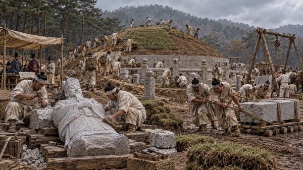 Laborers transport earth and stone at the construction site of Hyojong's original tomb at Donggureung in 1659. AI-generated image.