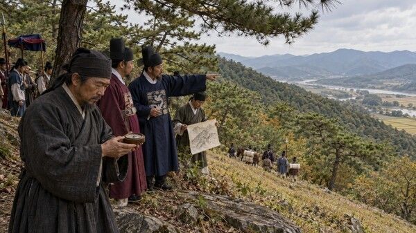 Officials and craftsmen inspect cracked stonework and damaged mortar at Hyojong's original tomb in Guri in 1673. AI-generated image.