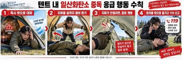 텐트 내 일산화탄소 중독 응급 행동 수칙 포스터. 텐트 안에서 두통·어지럼증 등 중독 증상이 나타나면 즉시 밖으로 대피하고, 동행자가 쓰러졌을 경우 출입구를 열어 환기한 뒤 필요하면 텐트 천을 찢어서라도 공기 통로를 확보해야 한다. 환자를 텐트 밖으로 옮겨 기도를 확보한 뒤 119에 신고하는 것이 핵심 응급 행동 요령이다. 사진=AI 생성 이미지