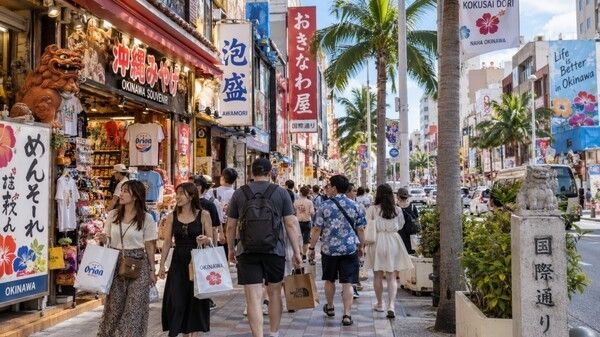 일본 오키나와 나하 국제거리의 관광 쇼핑을 표현한 가상 풍경. 사진=AI 생성 이미지