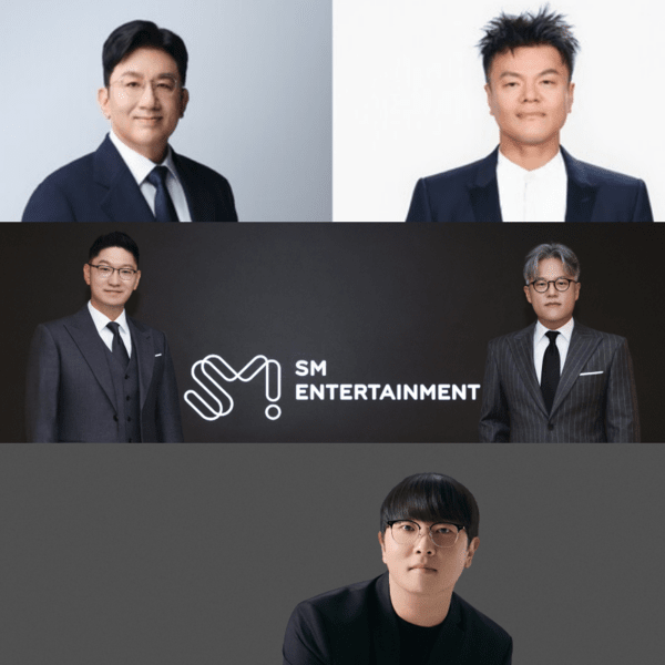 방시혁 하이브 의장, 박진영 JYP CCO, 장철혁·탁영준 SM 공동대표, 장윤중 카카오엔터 공동대표. 사진=하이브, JYP엔터, SM엔터, 카카오엔터