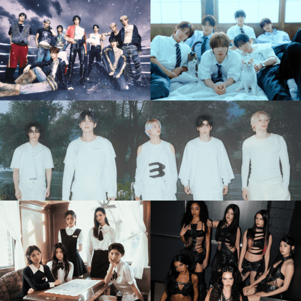 투모로우바이투게더, &TEAM(앤팀), TWS(투어스), 아일릿(ILLIT), 캣츠아이(KATSEYE). 사진=빅히트 뮤직, YX레이블즈, 플레디스엔터, 빌리프랩, 하이브X게펜레코드