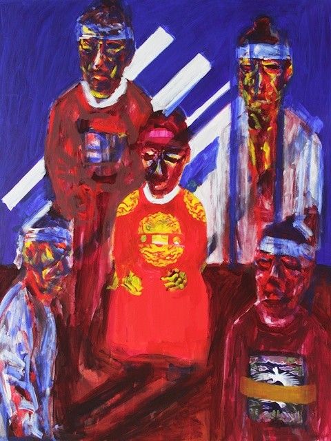 서용선 作 '왕과 신하들'(2014). 심문을 받는 사육신과 단종의 관계에 주목한 그림. 작가는 “아직 신하의 복식을 입고 있지만 관모를 쓰지 않은 모습으로 심문받는 신하들의 상황을 표현한 것”이라고 설명한다. 또한 “대각선 방향의 청색과 흰색 면은 궁궐 기와의 형태를 변형한 것이며 화면을 가로지르는 흐르는 듯한 색면은 그 속에서 벌어지는 치열한 권력과 삶의 감정을 현재의 상태로 붙잡아 두려는 시도”라고 밝혔다. 그림=서용선 스튜디오