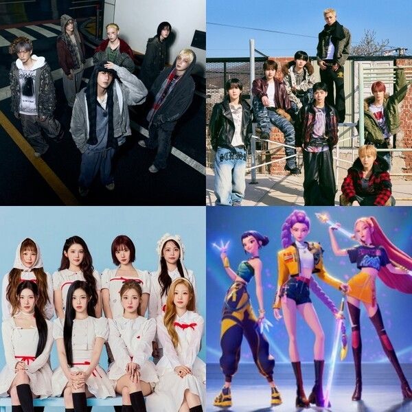 피원하모니, 누에라, 하츠투하츠, 헌트릭스. 사진=FNC엔터, 누아엔터, SM엔터, 넷플릭스