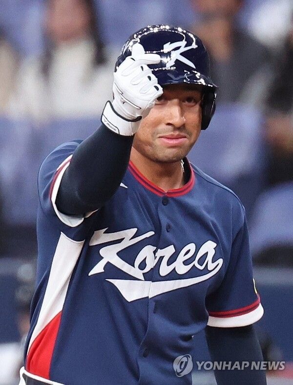 3일 일본 오사카 교세라돔에서 열린 월드베이스볼클래식(WBC) 평가전 한국 대표팀과 일본 프로야구 오릭스 버팔로스와의 경기. 4회초 1사 한국 저마이 존스가 1루타를 친 뒤 세레머니하고 있다. 2026.3.3. 사진=연합뉴스