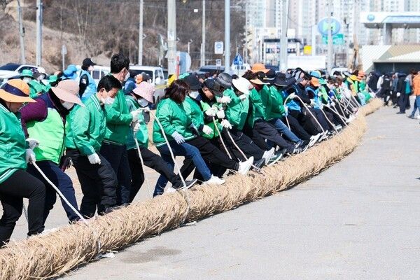 큰줄꼬기. 중줄 3가닥을 모아 줄틀을 이용해 직경 1m가 넘는 큰 줄을 만든다. 사진=당진시